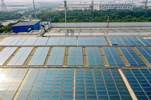 Large industrial rooftop solar panel installation
